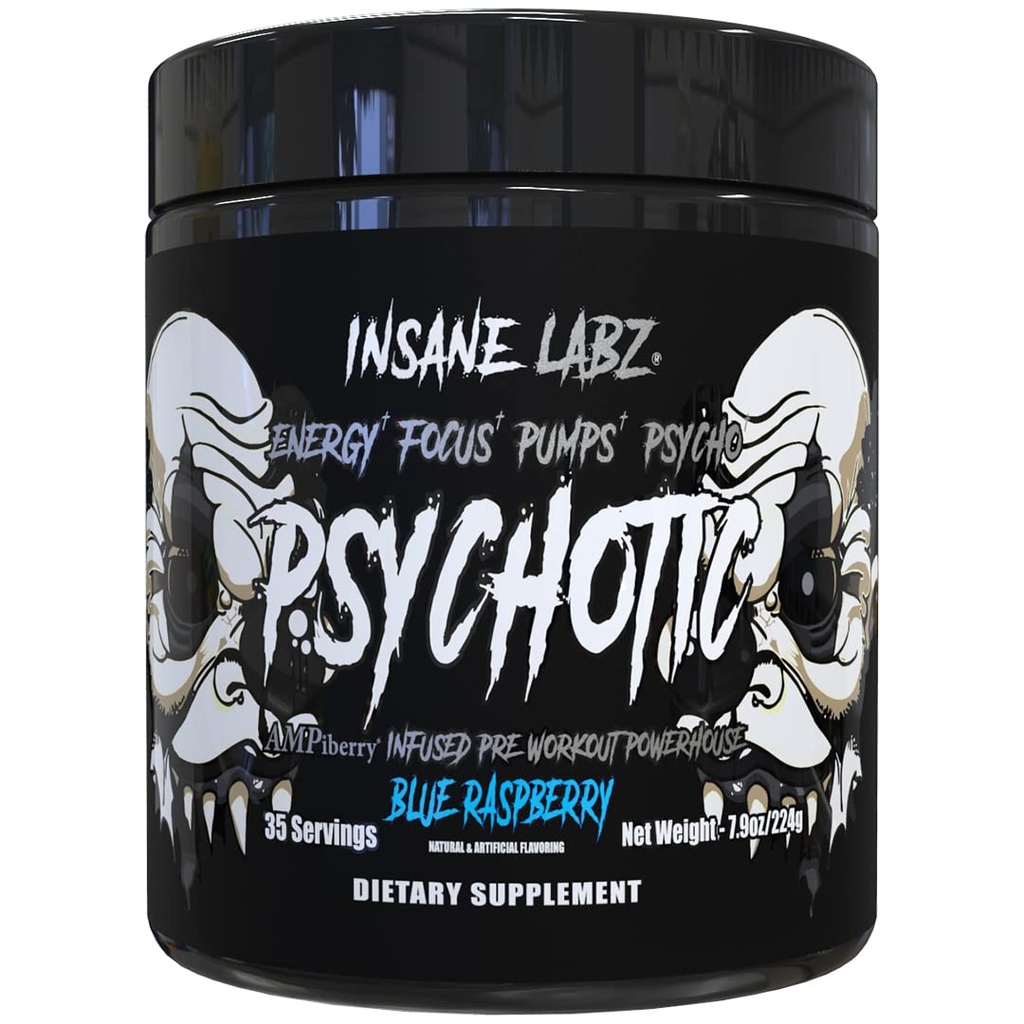 Insane Labz Psychotic Black Edition Mid Stimulant Pre Workout Powder, Energy Focus Pumps, geladen met Creatine Beta Alanine Taurine Gevoed door AMPiberry, 35 Servings (Blue Raspberry)