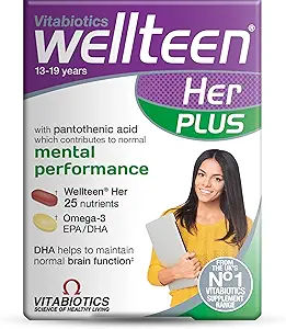 Vitabiotics Wellteen Her Plus Omega-3 - Soutien nutritionnel avancé pour les adolescents et les jeunes femmes 13-19 - 56 comprimés et capsules