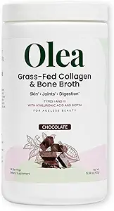 Olea Advanced Collagen & Bone Broth Powder, 10g Collagen hydrolysé, 5g Bone Broth, acide hyaluronique, probiotiques, enzymes – soutient la peau, les cheveux, les ongles, et la santé de Gut, chocolat riche