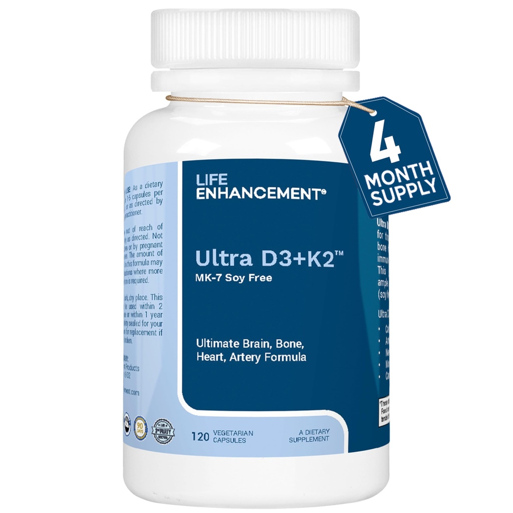 Life Enhancement Vitamine D3 K2 2000iu Ondersteunt Muscle & Brain Health - D3 K2 Supplement Helpt in Immune en Cardiovasculaire Ondersteuning - Made in USA (120 Vegetarische Capsules)