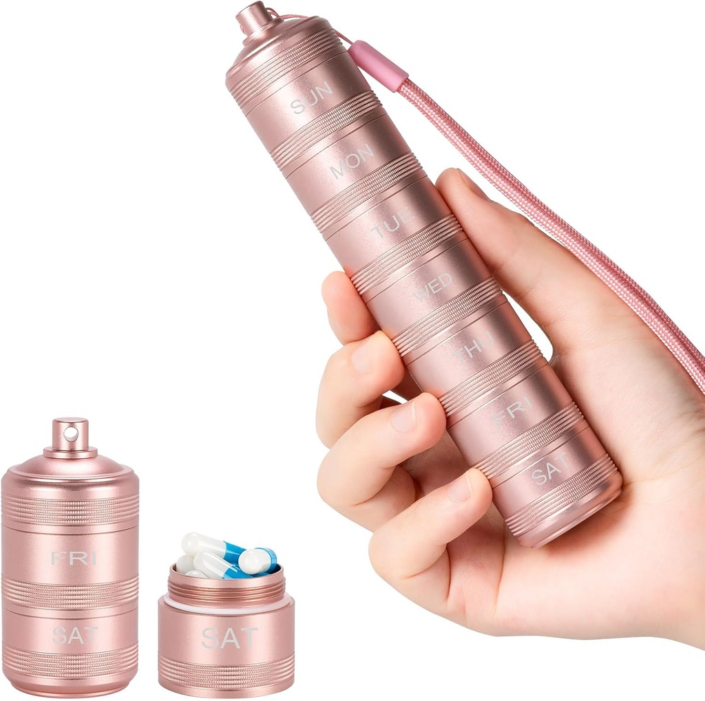 Portable Metal Pill Medicine Organizer - Etanche Pill Case Compact Travel Pill Box Conteneur hebdomadaire en alliage d'aluminium, 7 jours quotidien Pill Organizer Holder pour les petites pilules, rose S