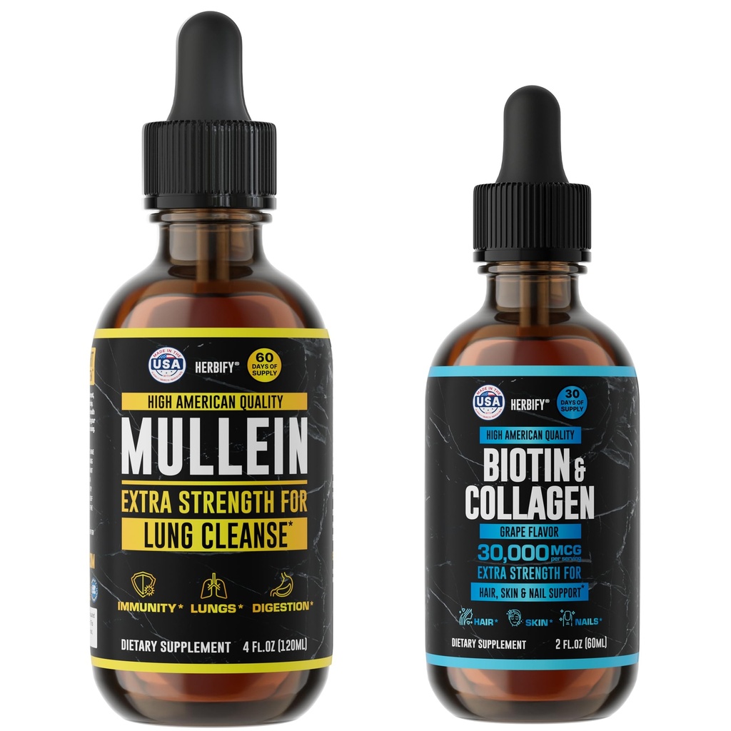 HERBIFY Bundle - Mullein Leaf Extract & Biotine en Collageen - Respiratory Support & Hair Skin and Nails Vitaminen Support