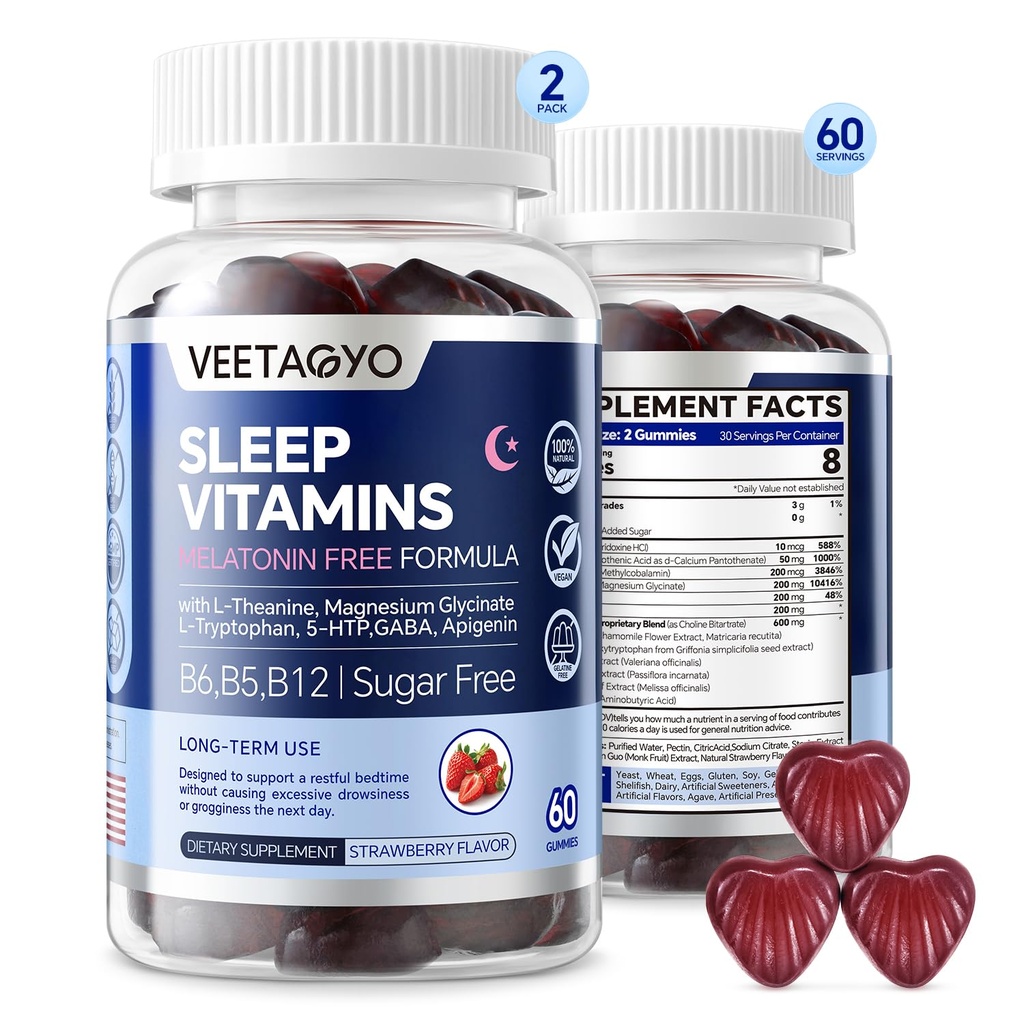 Melatonine Gratis 5-HTP GABA Supplement Gummies voor volwassenen & kinderen 12+ met L-Theanine, Magnesium Glycinate, L-Tryptofaan, Apigenin - Suikervrij, Aardbei Smaak, Veganistan, 120 Tellen