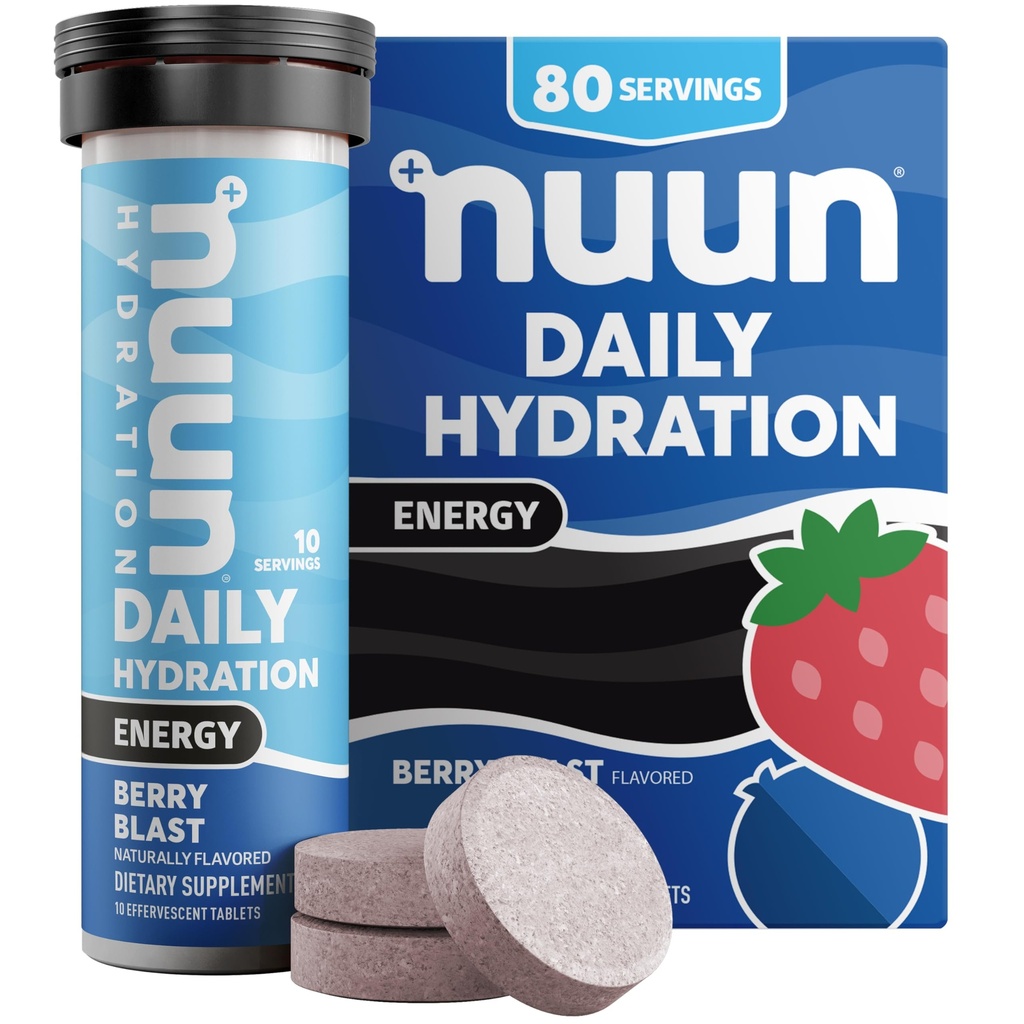 Nuun Énergie Comprimés électrolytiques avec Ginseng, caféine extraite de thé vert, vitamine B12, B6, B5, magnésium et 4 autres électrolytes, sans gluten et végétalien, Berry Blast, 8 Pack (80 portions Total)