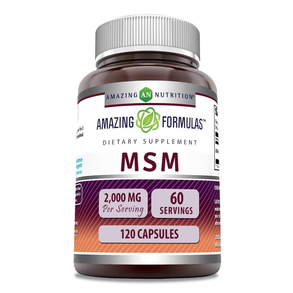 Formules étonnantes MSM (Methylsulfonylméthane) Supplément $ 2000 Mg par portion $ 120 Capsules $ Non-GMO $ Sans gluten $ Fabriqué aux États-Unis