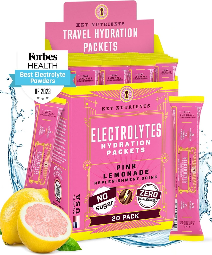 KEY NUTRIËNTEN Electrolytes Poederverpakkingen - Verse Roze Limonade 18 Pack Hydration Packets - Reizen Hydration Powder - Geen suiker, Geen Calorieën, Glutenvrij - Made in USA