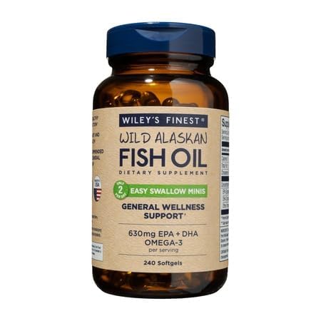 Wiley's Finest Wild Alaska Fish Oil Easy Swallow Minis - Omega-3 Fish Oil Supplement voor volwassenen en kinderen - Double-Strength 630mg EPA en DHA Natural Supplement - 240 Mini Softgels (120 Servers)