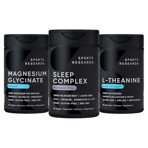 Sportonderzoek Dubbele sterkte L-Theanine Supplement Softgels voor Focus & Relaxatie, Magnesium Glycineren voor Rustige Slaap & Enzymatische Processen + Slaap Complex Melatonine-vrije Vegan Capsules