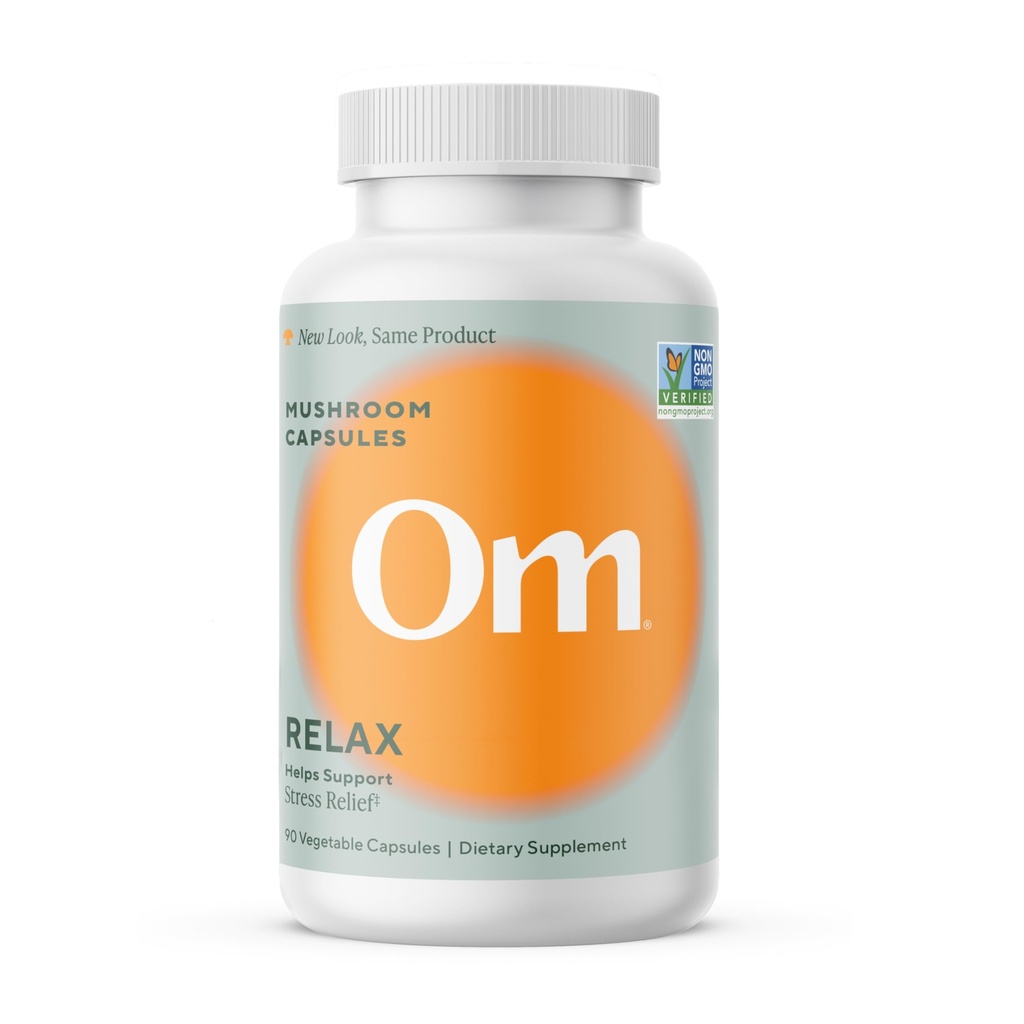 OM MUSHROOM SUPERFOOD Relax Mushroom Capsules, 90 Comte, 30 Jours, Reishi Mushrooms, Ashwagandha, GABA, L-Theanine, Magnésium, Adaptogènes pour support de stress (Ancienment doux Zen, emballage May Vary)