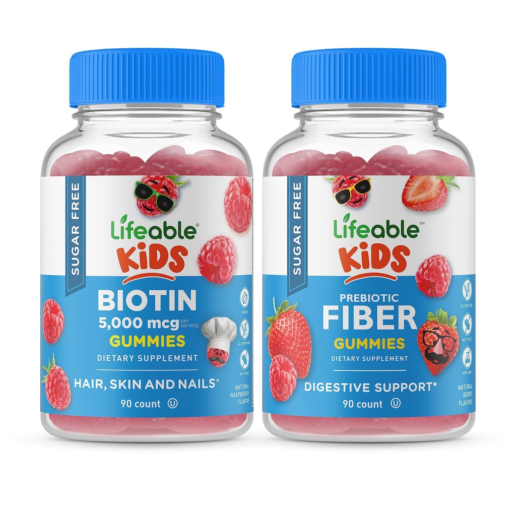 Lifeable Sugar Free Biotin Kids + Preciotic Fiber Kids, Gummies Bundle - Grote Proeverij, Vitamine Supplement, Glutenvrij, GGO-vrij, Kauwbare Gummy