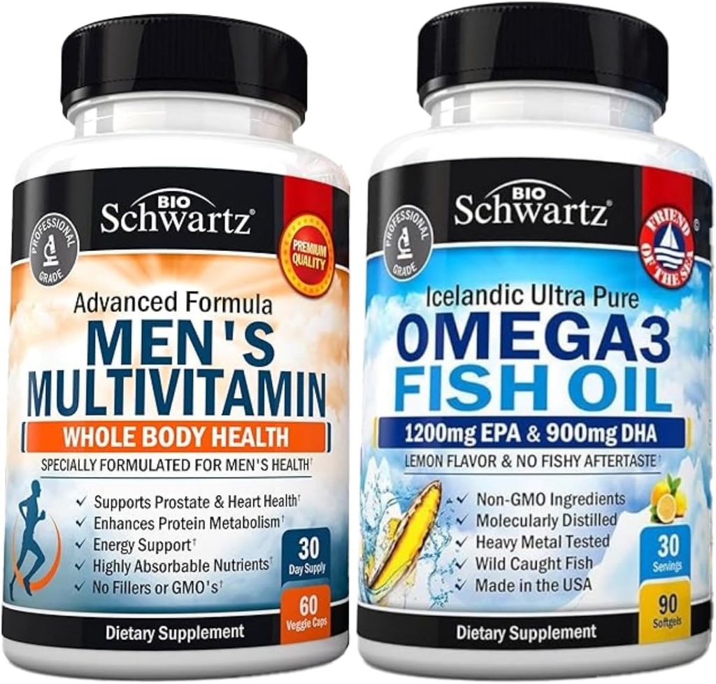 Geavanceerde dagelijkse mannen Multivitamine met vitamine C A B D3 E en zink (1 maand levering) Plus Triple Strength Omega 3 Visolie Softgels (1 maand levering)