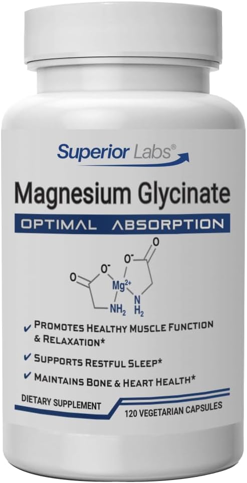 Superior Labs Magnesium Glycinate 1250 mg, hoog-absorptie, Pure Non-GMO, Ondersteunt de kwaliteit van slapen, maakt spierkrampen, Bone &amp; Heart Health,120 Veg Caps