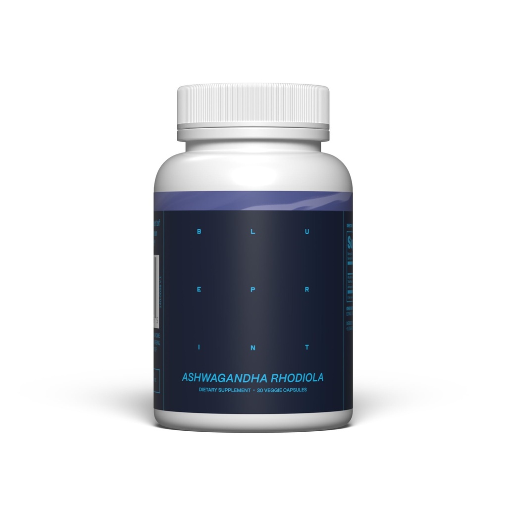 Blueprint Bryan Johnson Ashwagandha & Rhodiola Supplément – 120mg Ashwagandha + Rhodiola Racine – Capsules adaptogènes quotidiennes pour le soutien du stress, équilibre de l'humeur, énergie et focus – 30 Capsules Vegan