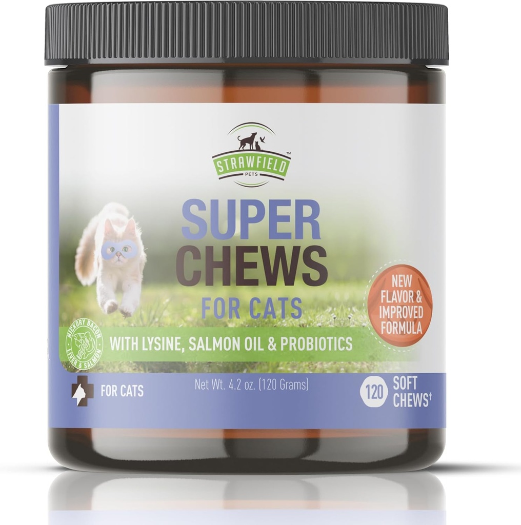 Strawfield Huisdieren Super Kauwen voor katten - Lysine, Probiotica, Omega 3 Visolie (Salmon Oil), Catnip - Ondersteunt Immune, Gut, Skin & Joint Health - 120 Hickory Bacon Zalm & Lever Smaak Saftchews