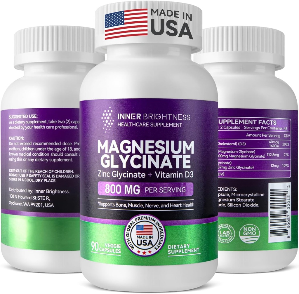 Magnesium Glycinate - Magnesium Supplement met Zink & vitamine D3 voor Immune, Bot & Muscle Support and Heart Health - Non-GMO, Gluten-Free, Voorzichtig op de maag - 90 Vegetarische Capsules
