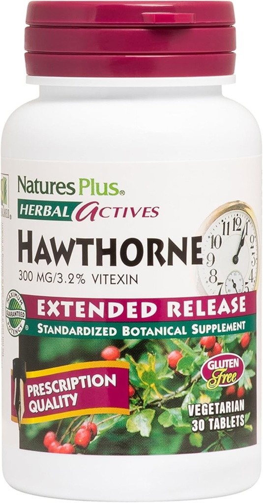 Natures Plus Herbal Actives Hawthorne - 300mg, 3,2% Vitexin, 30 Vegan tabletten - 30 porties