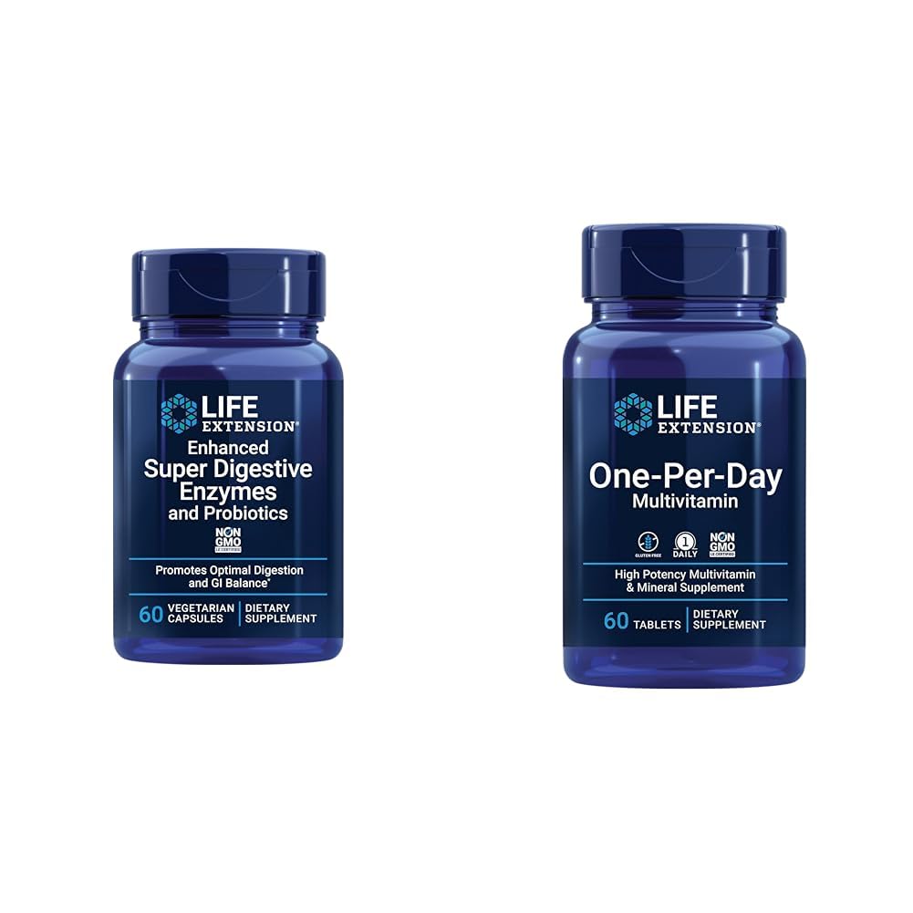 Life Extension Enhanced Super Digestive Enzymes & Probiotica 60 Vegetarian Capsules and One-Per-Day Multivitamine 60 Tablets