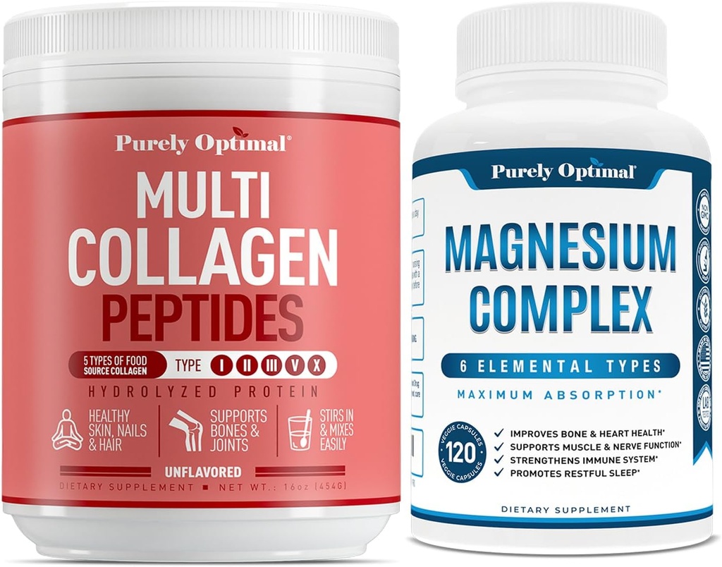 Pure Optimale Premium Multi Collageen Poeder + Premium Magnesium Complex - Magnesium Citroen, Malaat, Spierontspanning - 120 doppen