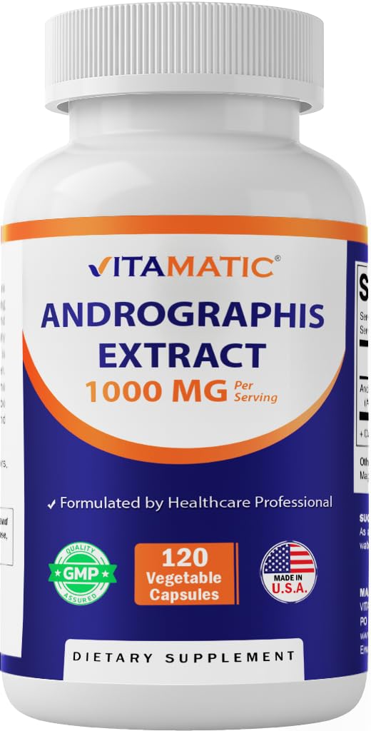 Vitamatic Andrographis Extract 1000 mg per portie - 120 Veg Capsules - 20X Extract, 100% vegetarisch, natuurlijk, glutenvrij, niet-GMO