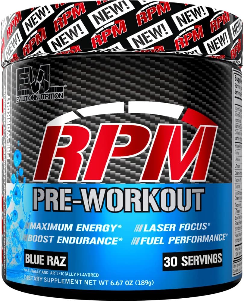 Pre Workout Powder for Energy and Focus - EVL RPM Energy Pre Workout Energy Drink Powder with Betaine Alanine Cafeine and Theacrine - Preworkout Powder Drink for Amplified Performance (Blue Raz)