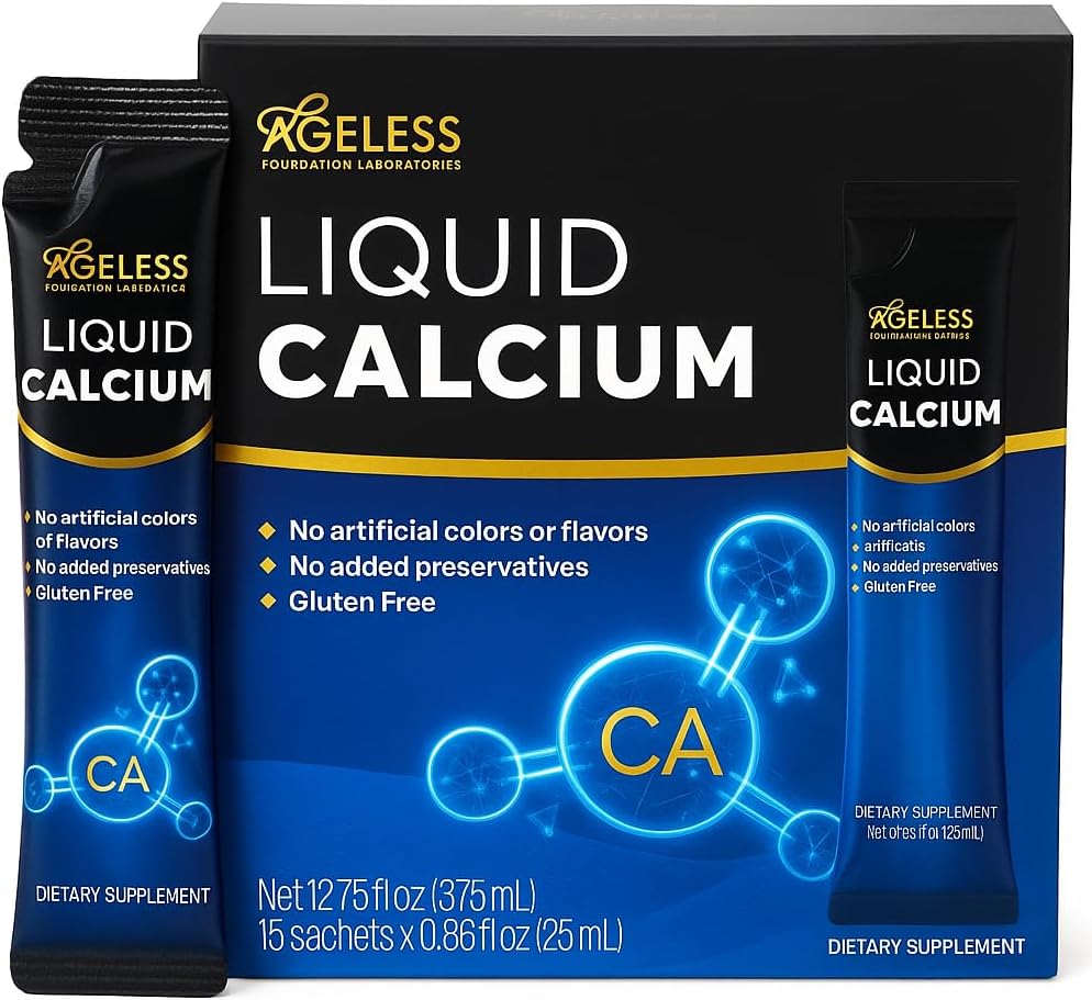 Ageless Liquid Calcium Supplement voor vrouwen en mannen met zeebasextract en vitamine D8 - Hoge absorptie botsterkte supplementen, natuurlijke smaak, Glutenvrije - 25 ml (15 Tellen)