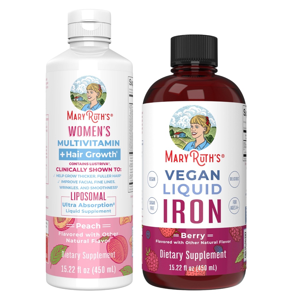 MaryRuth's Women's Multivitamine + Haargroei Liposomal (Peach) & Iron Liquid (Berry) 