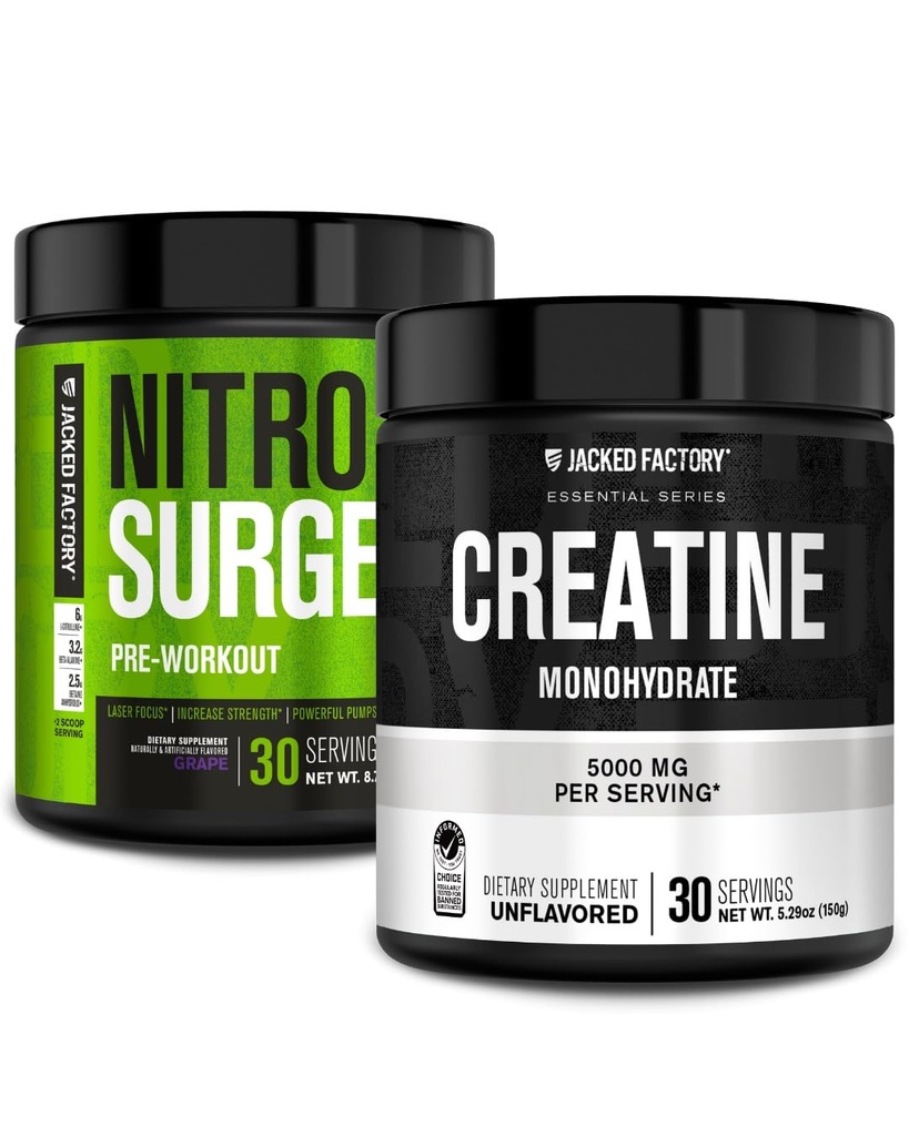 Jacked Factory NITROSURGE Pre Workout Supplement (Grape, 30 Servings) & Createine Monohydraat Poeder (Unflavored, 30 Servers)