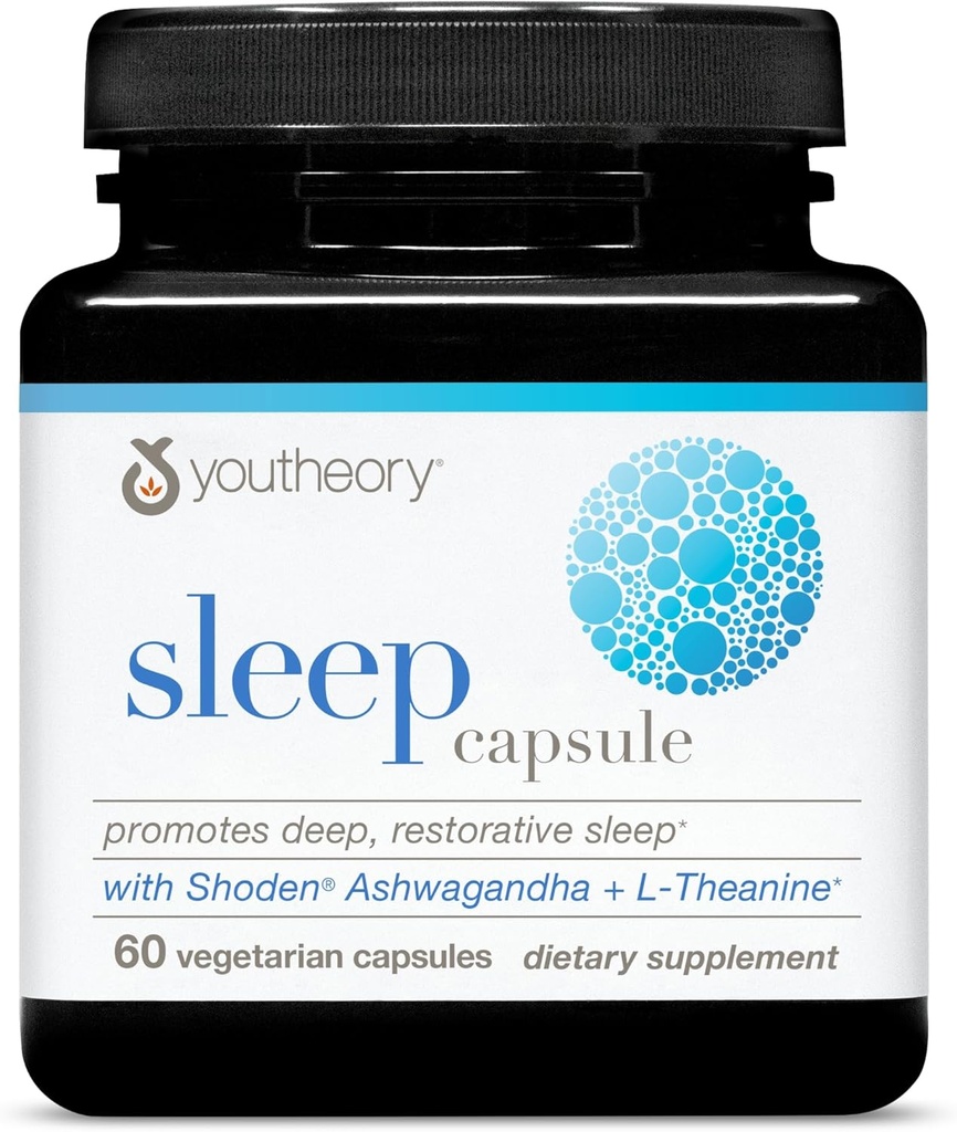 Youtheory Sleep Capsule - Vegan Sleep Support Supplement met Passiebloem, Lemon Balm, L-theanine & Ashwagandha* - 60 Vegetarische Capsules