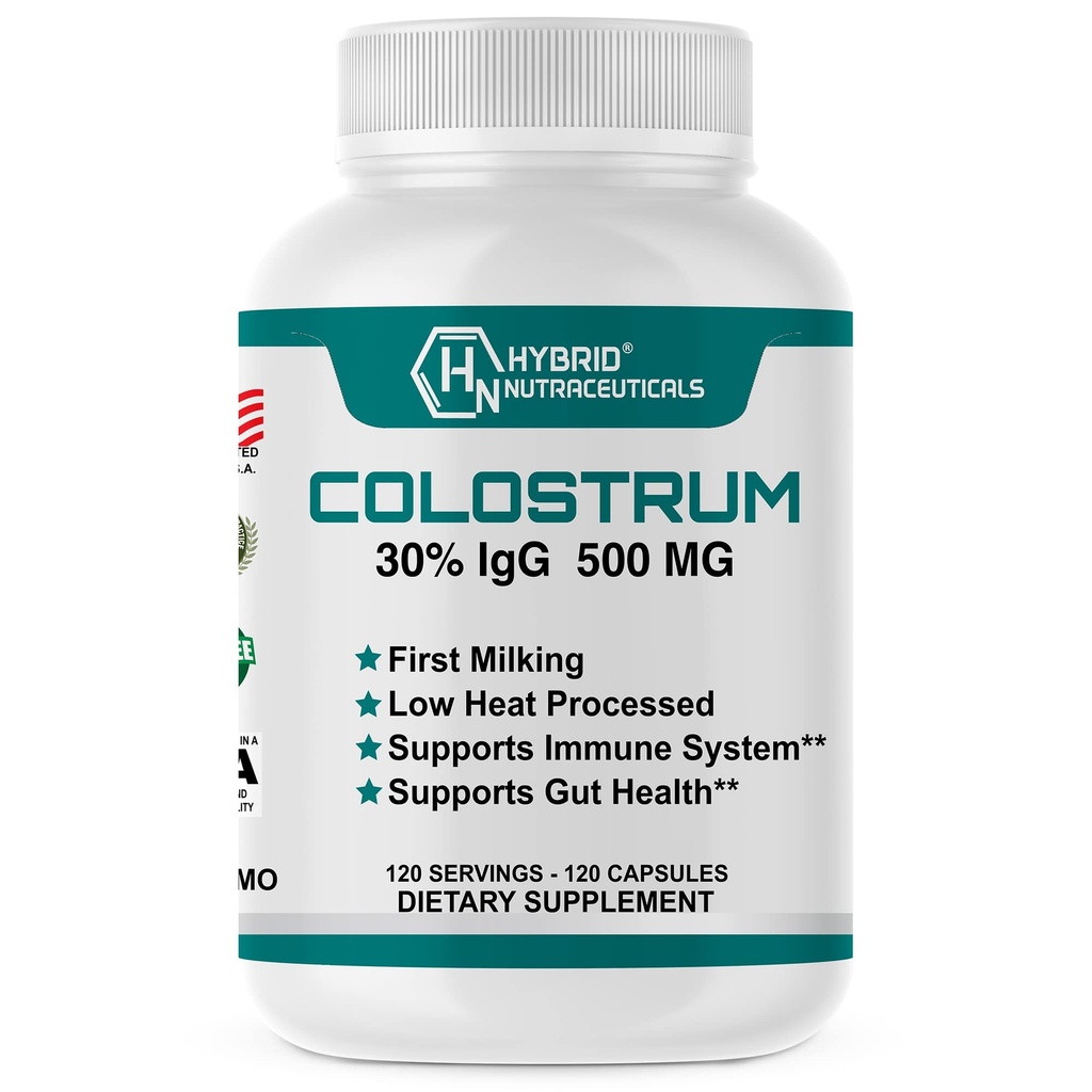Hybride Nutraceuticals Bovine Colostrum Supplement - Muscle Building - Immune Support - Krachtige spijsvertering - Lactoferrin Supplement (120 Colostrum Capsules - 500mg - 30% IgG)