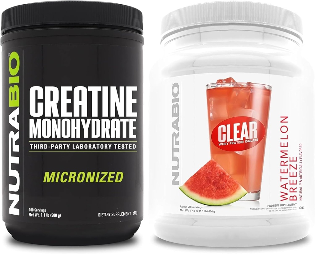 NutraBio Creatine Monohydraat, Unflavored, (500 g) en Clear Whey Protein Isolaat, (Watermelon Breeze) Supplement Bundle 