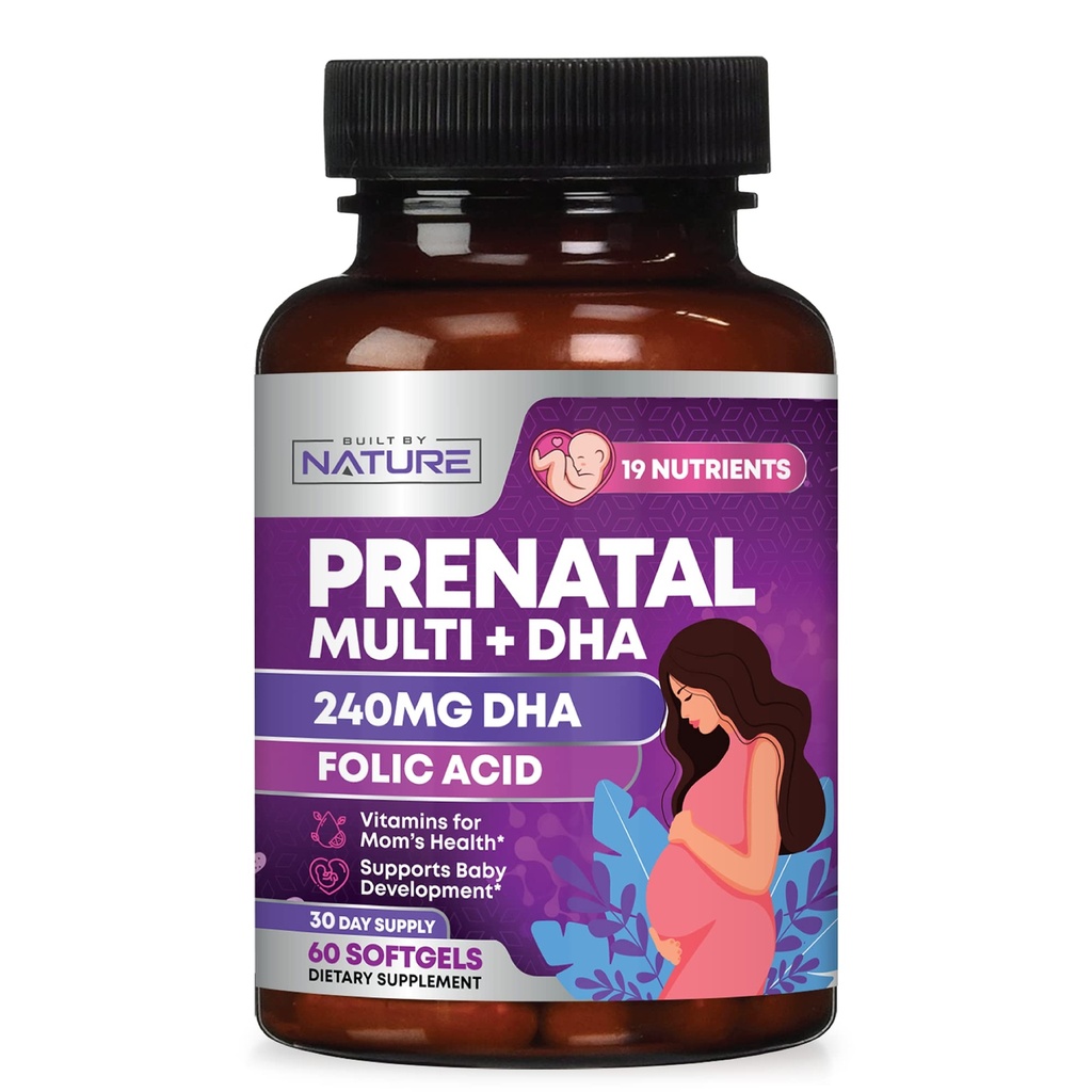 Prenatale vitamines voor vrouwen - Multivitamine met DHA, foliumzuur, vitamine C, B12, ijzer & omega-3 - voor, tijdens en na de zwangerschap Supplement voor gezonde groei en hersenontwikkeling - 60 Softgels