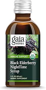 Gaia Kruiden Zwarte Vlierbes, Nachtelijke Siroop - Immuun Ondersteuning Supplement - met biologische Zwarte Vlierbessen, Californië Poppy & Citroen Balm voor Rustige Slaap & Immuun Verdediging - 3 Fl Oz (18-dagen aanbod)