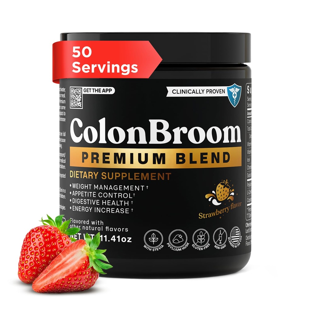 ColonBroom Premium Powder Supplement (Strawberry) - Colon Broom Psyllium Husk Fibre de boisson en poudre - Sans gluten, sans OGM Colon Cleanse for Bloating Relief & Gut Health, 50 portions