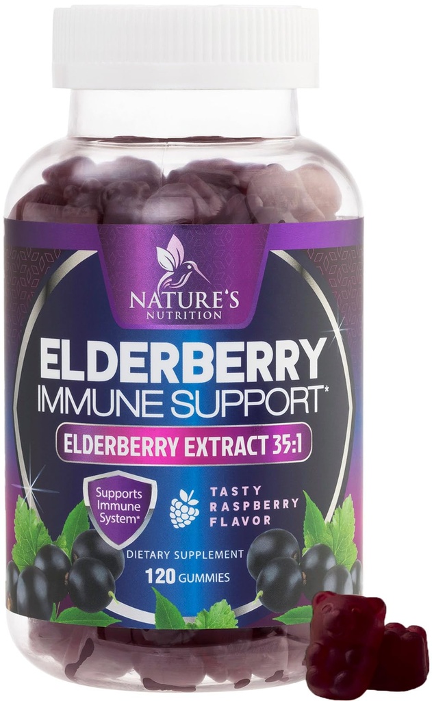 Gommies de soutien immunitaire pour les mûres aînées - Extrant Super Concentré 35:1, équivalent à 4200mg de baies aînées - supplément de vitamine aux baies aînées de Sambucus, soutien quotidien pour les enfants et les adultes - 120 Gommies