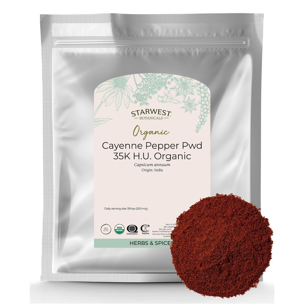 Starwest Botanicals Biologische Cayenne Pepper Powder 35k HU - Voegt warmte, Red Pepper Spice voor seizoen & Marinades, Afgeleid van Capsaicin, Certified Kosher, Non-GMO - Bulk 1 lb Bag