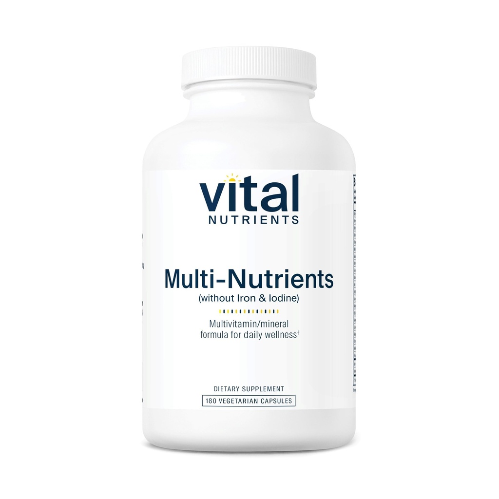 Vitale voedingsstoffen Multi-Nutriënten zonder ijzer of jodium Uitgebreide Vegetarische Dagelijkse Multivitamine en Mineraal Formule met Krachtige Antioxidanten* Gluten, Dairy en Soja Vrije 180 Capsules