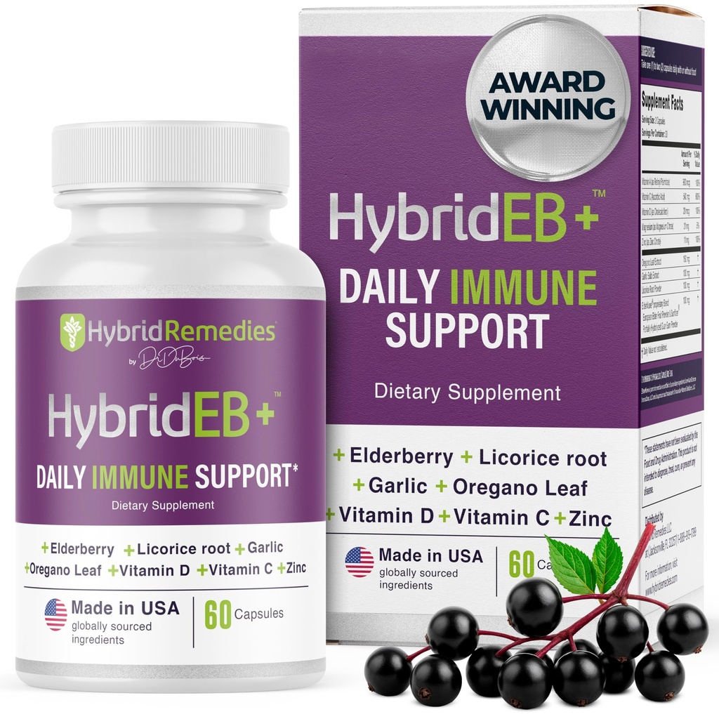 HybrideEB Sambucus Immune avec vitamine C, zinc, vitamine D3 - Supplément antioxydant et immunité, 1 mois d'approvisionnement - 9 en 1 Black Elderberry Enfants et adultes - 60 capsules