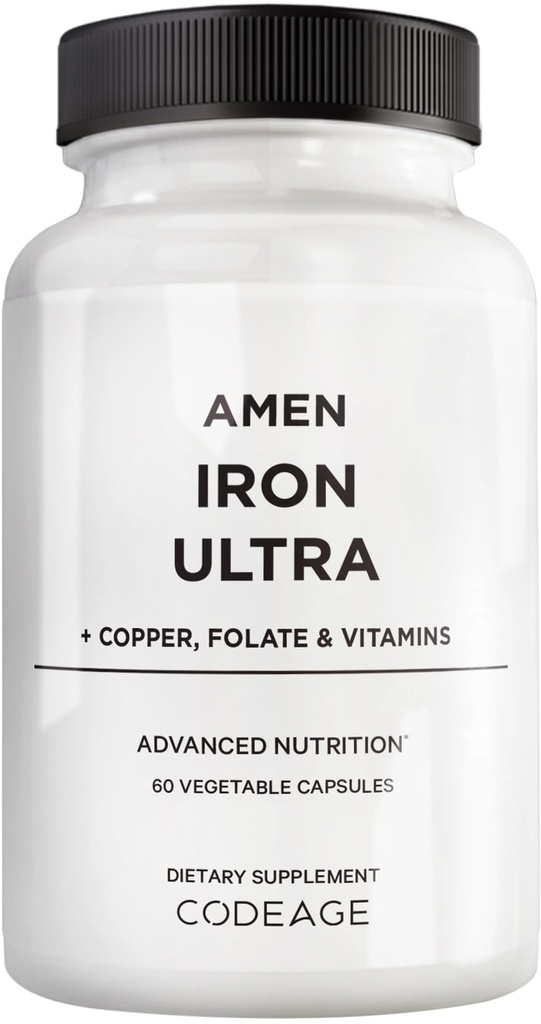 Amen Iron Ultra Supplement + Koper, Foliumzuur, Vitamine C en B12-2-Month Supply - Ferrous Sulfate Iron Vitamin - 65mg Per Serving - Foliumzuur - Non-GMO Pillen - 60 Capsules