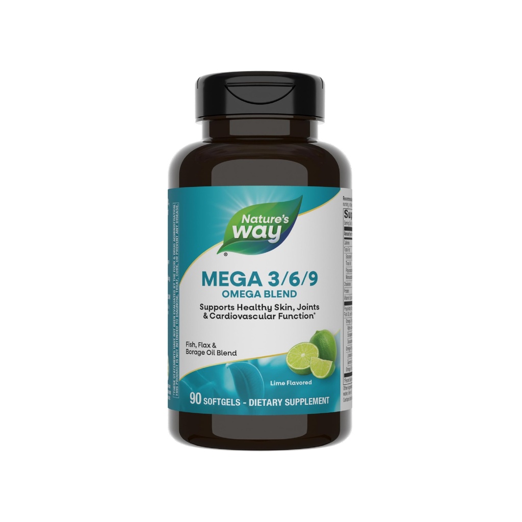 Nature's Way Mega 3/6/9 Omega Blend, ondersteunt gezonde huid, gewrichten, cardiovasculaire functie*, Vis, Vlas, Borage Oil, 90 Lime Flavored Softgels (Verpakking mei Vary)