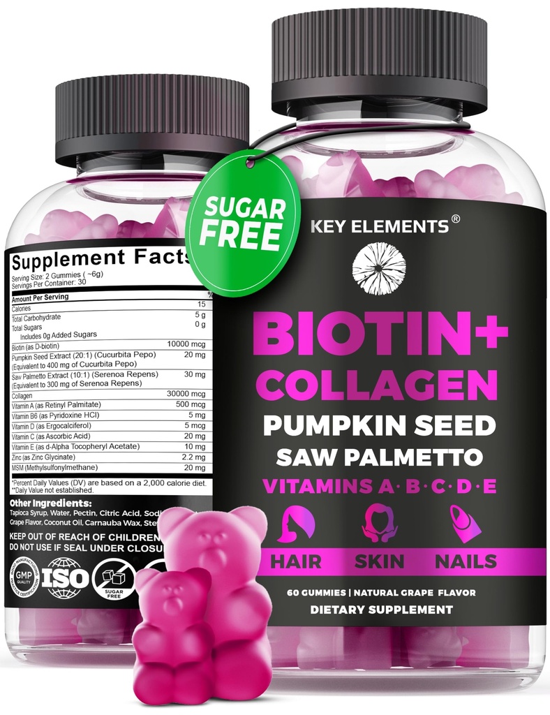 Hair Skin and Nails 10000mcg Gummies & Collageen Gummies - Biotin Vitaminen voor haargroei Pompoenzaadolie, Zag Palmetto Extract & Vitaminen A B6 C D E - Biotine en Collageen Supplementen