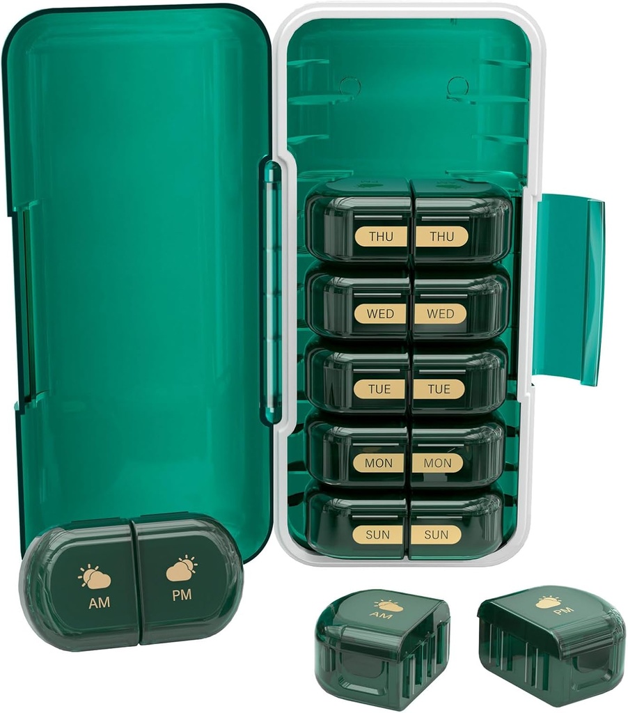 Weekly Pillen Organizer 2 keer per dag, Vocht-Proof, Detachable Compartments, AM PM Pill Box 2X 7 Day, Travel Pillen Organizer voor pillen/Visolie/Medicatie/Vitamine/Supplements (Donkergroen)