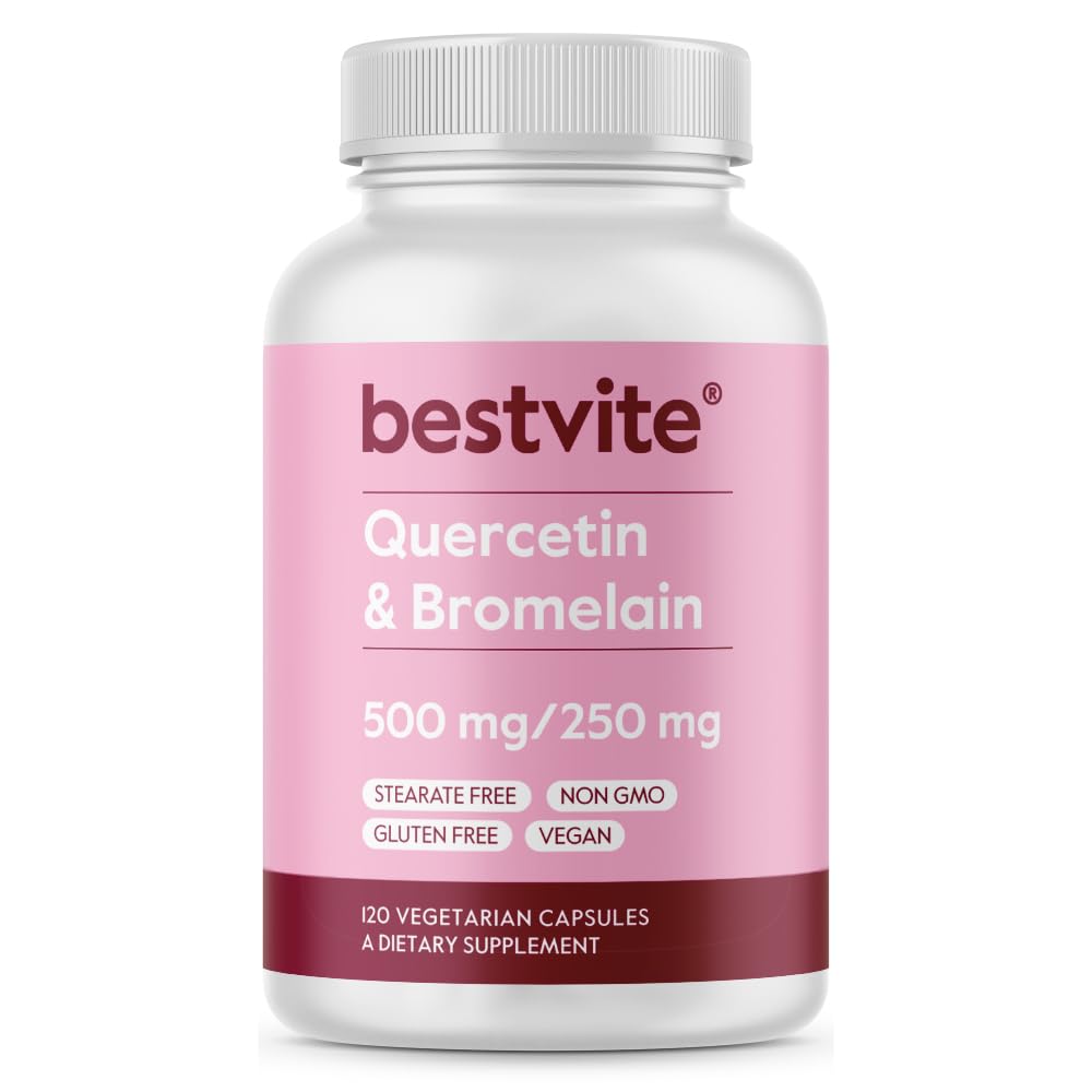 BESTVITE Quercetine met bromelaïne 500mg/250mg (120 Vegetarische Capsules) - No Stearates - No Silicon Dioxide - Vegan - Non GMO - Glutenvrij