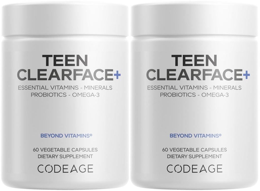Codeage Tiener Clearface Adolescent Face, Skin & Pimples, Vitamines A, C, D3, E, Pantothenic Acid, Niacin, Zink Supplement Tieners, Probiotica, L-Lysine, Omega-3, Oily Skin, Pores, Spots - 2 Pack