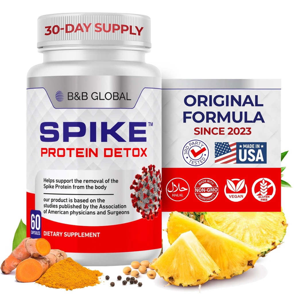 Spike Protein Detox - Spike Support Supplement voor proteïnebalans - Unflavored 3-in-1 Blend met Nattokinase 4000Fu, Bromelain 500mg, Curcumin 1000mg - Made in The USA - 60 Capsules, 30 Day Supply