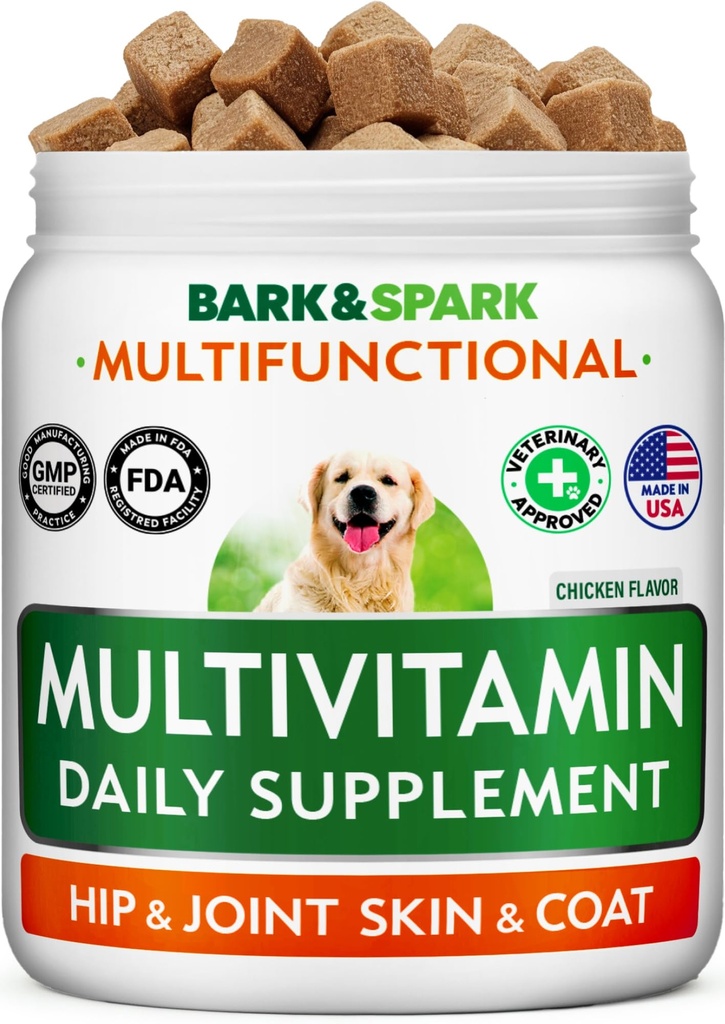 BARK&SPARK Hondenvitaminen en supplementen - Multivitamine Kauwbare Treats voor honden - Glucosamine Chondroitin voor gezamenlijke ondersteuning + Omega voor huid & jas + Probiotica - Multi Vitamine voor Huisdieren Gezondheid - 120Ct