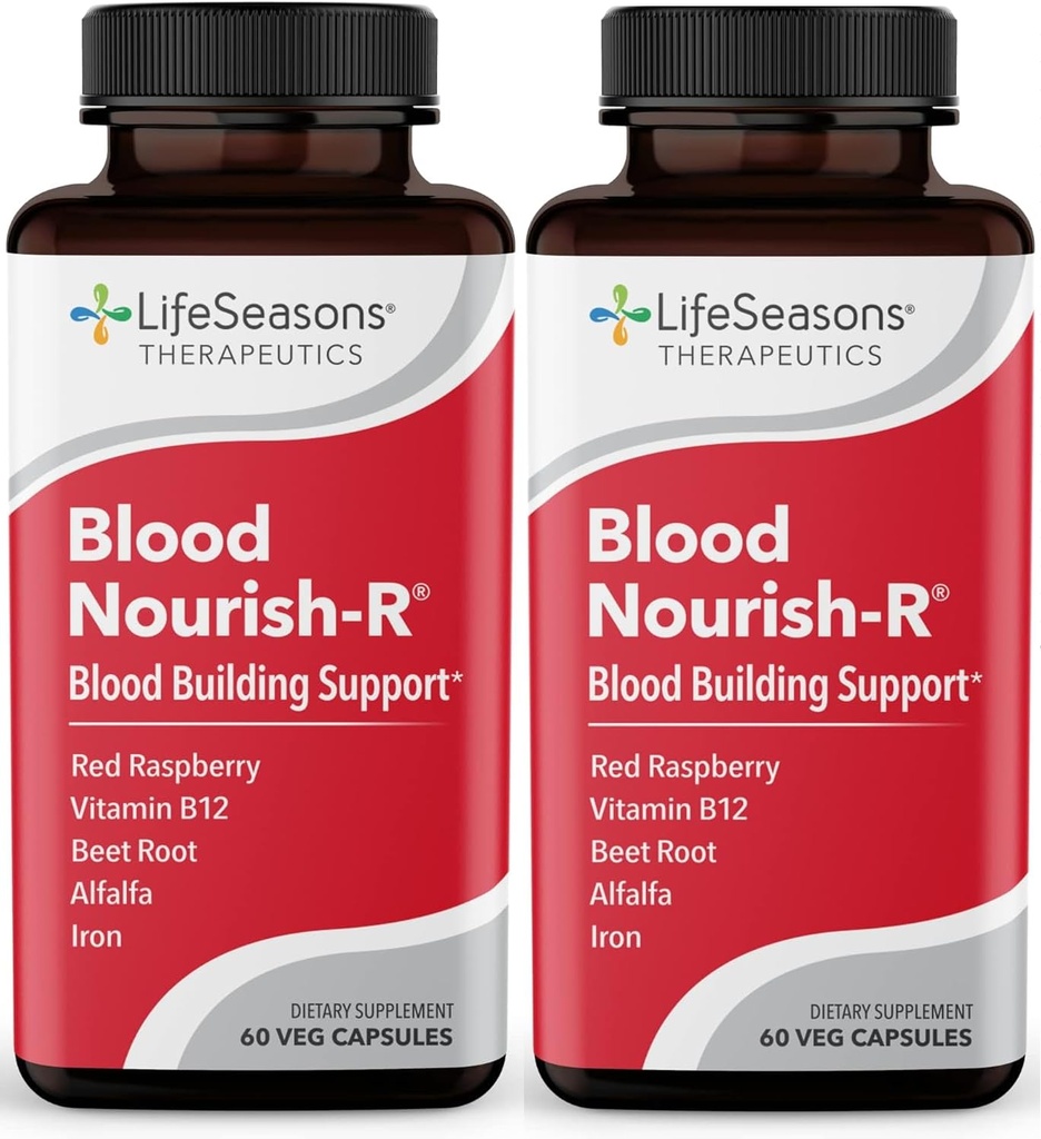 LifeSeasons Blood Nourish-R - Supplément en fer - Non constipant - Soutient l'anémie, la fatigue, la pâleur et les étourdissements - Blood Building - Fer, Alfalfa, Framboise et Vitamine B-12-60 Capsules (paquet de 2)