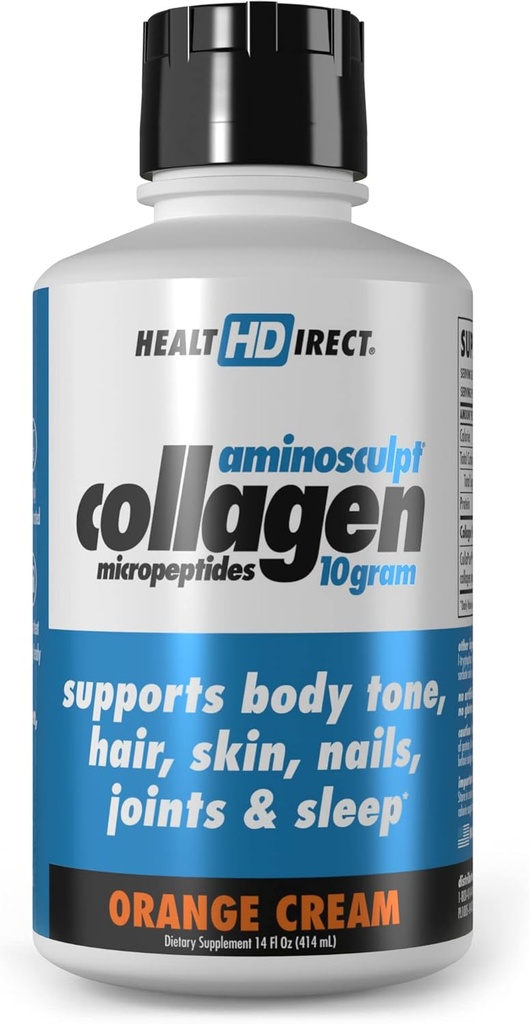DIRECT DE SANTÉ – Micropeptides de collagène liquide AminoSculpt – 14 FL Oz – 14 portions – 10 grammes de collagène liquide de qualité médicale supérieure pour les femmes – Crème orange