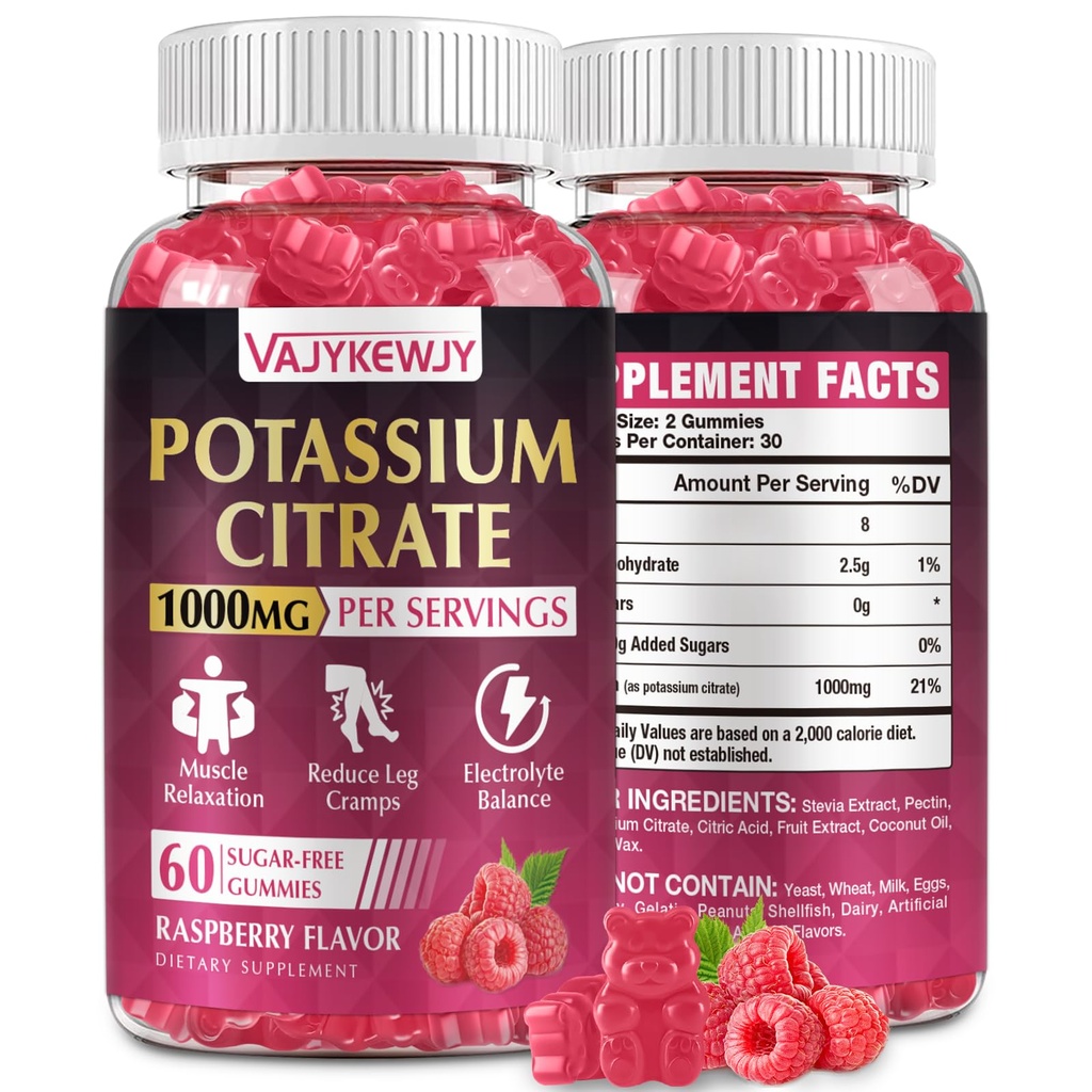 Citrate de potassium Gummies, supplément de potassium élevé (1000mg), soutient les crampes des jambes et la santé musculaire, adapté pour les adultes et les enfants, végétalien, non-OGM, 60-comnt