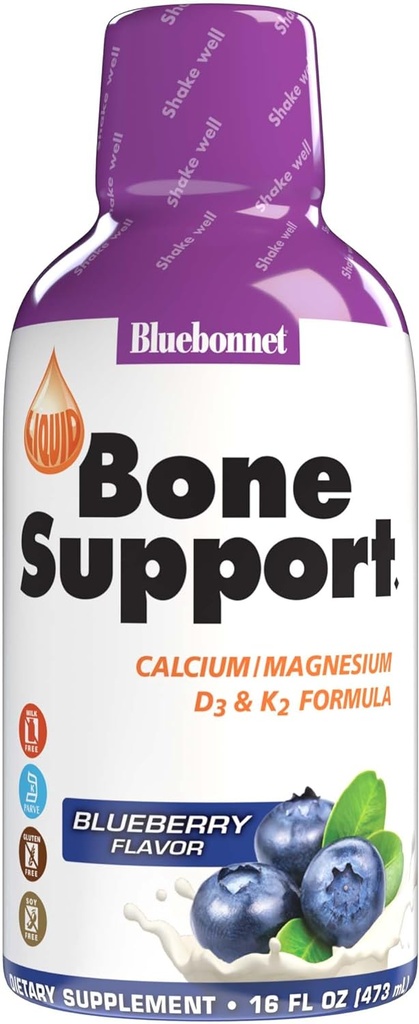 Bluebonnet Voeding Liquid Bone Ondersteuning Calcium citraat, Magnesium citraat, Vitamine D3, K2, voor Bone Health, Non GMO, Glutenvrij, Sojavrij, melkvrij, koosjer, 32 Servers, Blueberry Flavor, 16 Fl Oz (pakket van 1)