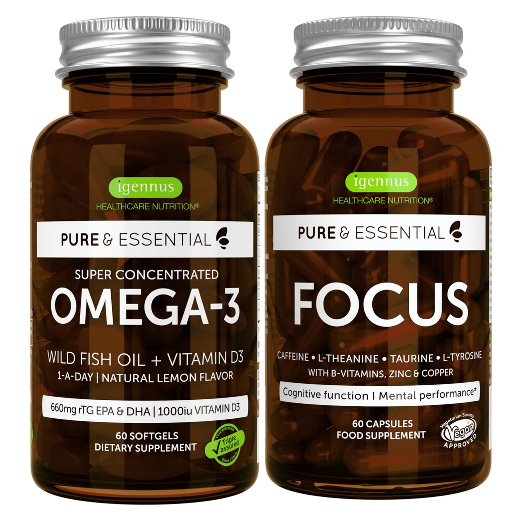 Omega-3 & Vitamine D3 1000iu + Focus Brain Booster Bundle, Fast-Acting 1-a-Day EPA & DHA rTG Wild Fish Oil + Cafeïne, L-Theanine, Taurine & L-Tyrosine, B-Vitaminen, Zink & Koper, door Igennus